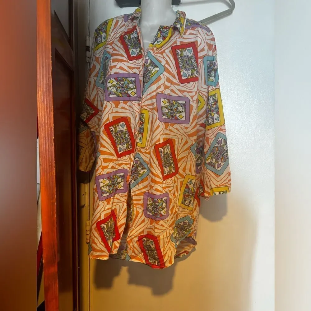 vintage dress shirt playing cards logo deck of cards top bright blouse y2k rare